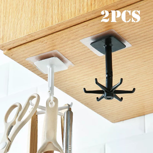 2 PCS Self-Adhesive Rotating & Hanging Kitchen Hooks: 6-Hooks Each