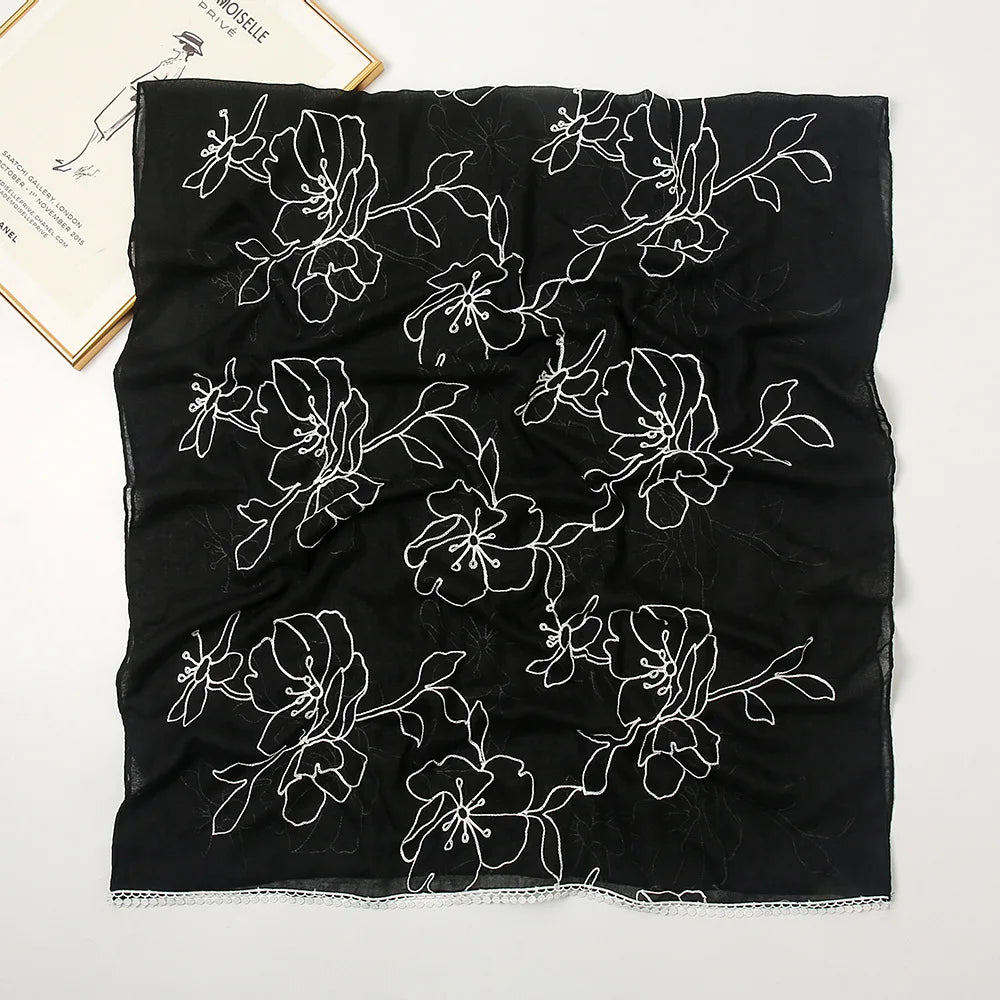 Plain Embroider Lace Floral Viscose Scarf