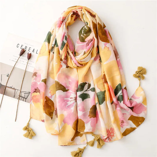 16 Colours Ink Painting Floral Tassel Viscose Shawl
