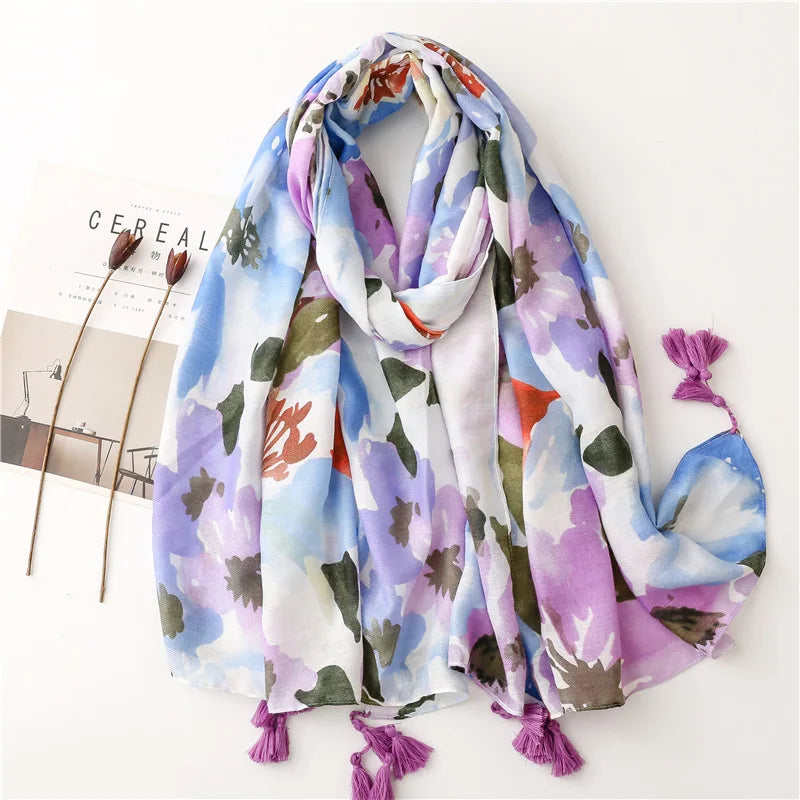 16 Colours Ink Painting Floral Tassel Viscose Shawl